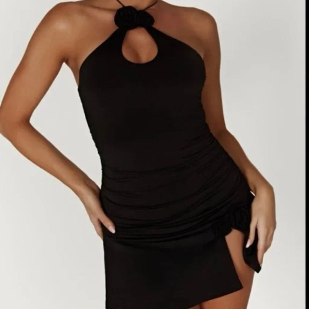 Meshki Black Rosette Mini Dress
